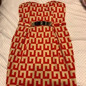 Red Orange and Cream Strapless Dress